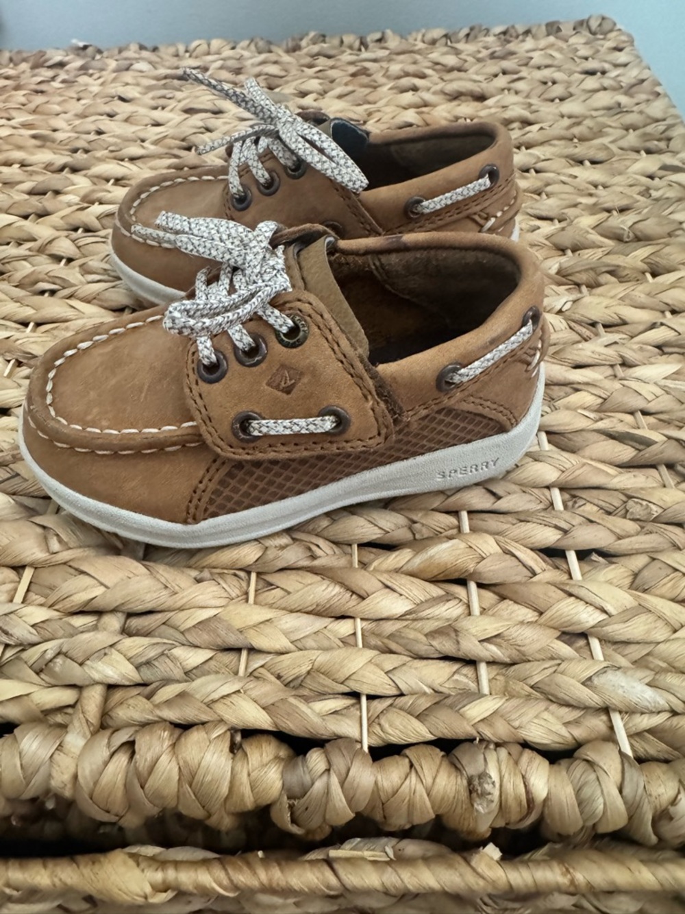 Sperry Kids Tan Moccasin Boat Shoes with White Laces
